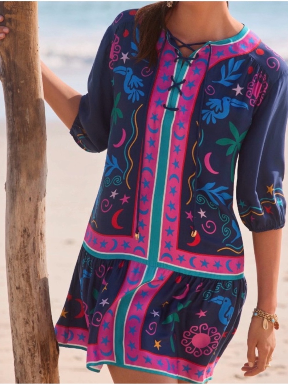 Johnny Was Navy Multicolor Silk-Blend Selena Dress - Picture 1 of 12